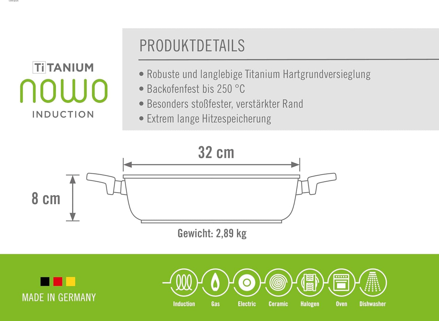 Woll Nowo Titanium Kasserole - Induktiv -, Ø 32 Cm, 8 Cm Hoch, 5,5 Liter, Mit 2 Seitengriffen - Geeignet Für Alle Herdarten Forme og bakker til bagning Naty Shop