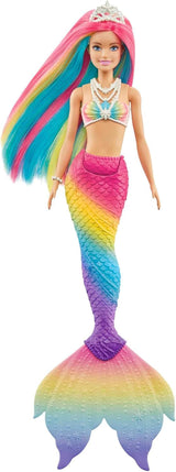 Barbie Dreamtopia Rainbow Magic Mermaid, Havfrue Barbie med regnbuehår, farveskiftende dukke, vandaktiveret, legetøj fra 3 år og opefter, gave til piger, GTF89