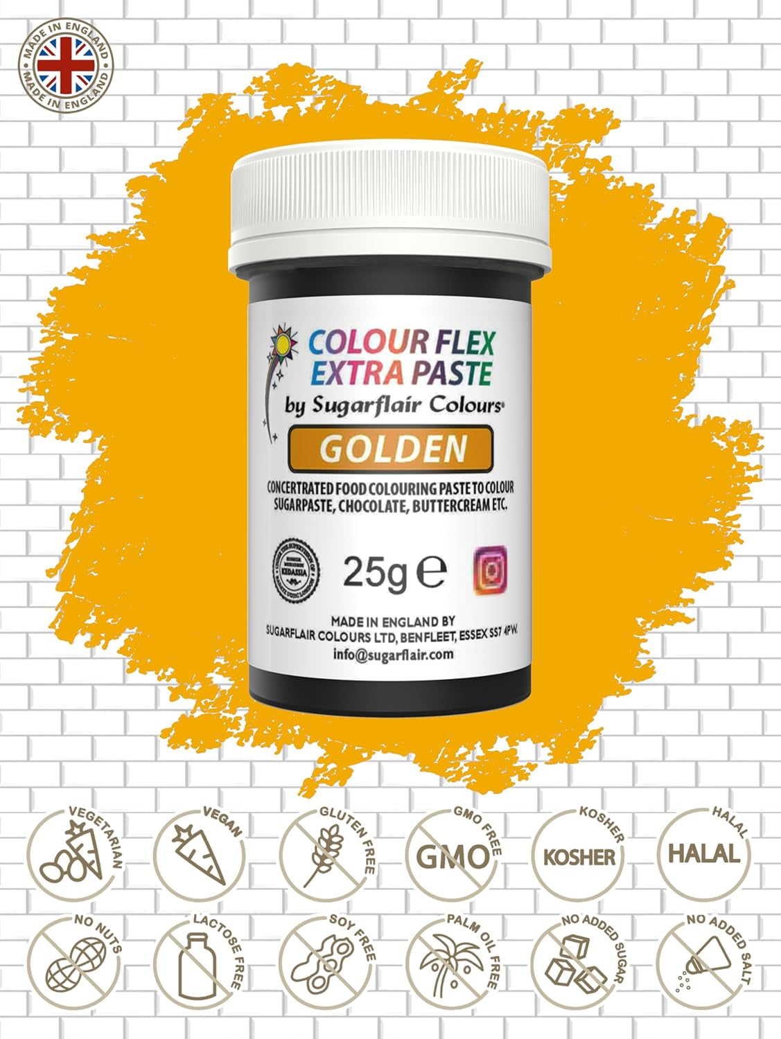 Madfarvepasta Sugarflair Colourflex Extra Paste Golden - Spiselig madfarve til smørcreme, chokolade, sukkerpasta, glasur, fondant, kageblandinger, dej og mere - 25g