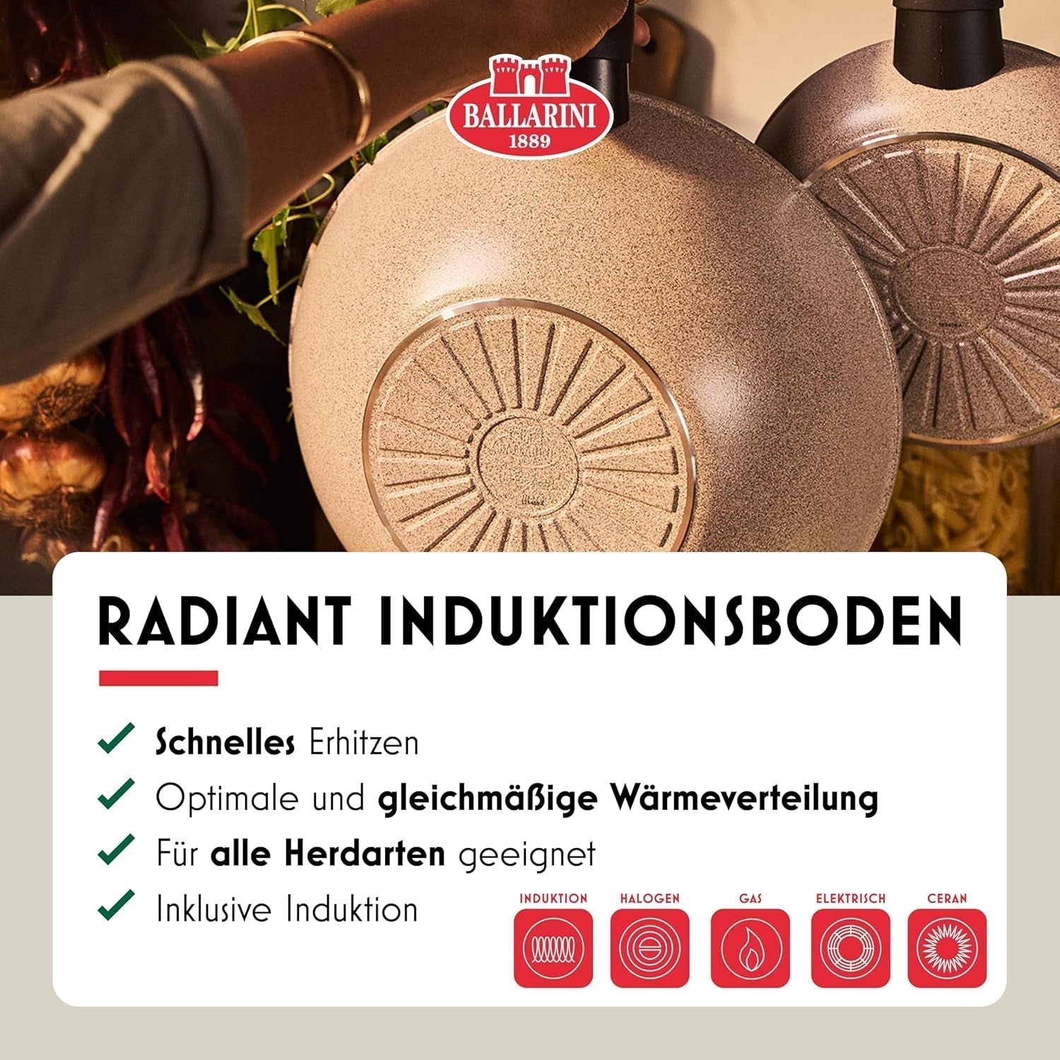 Ledro stegepande, 24 cm, aluminium, velegnet til induktion, non-stick keramisk belægning, Thermopoint, Made in Italy, beige Gryder og pander Naty Shop
