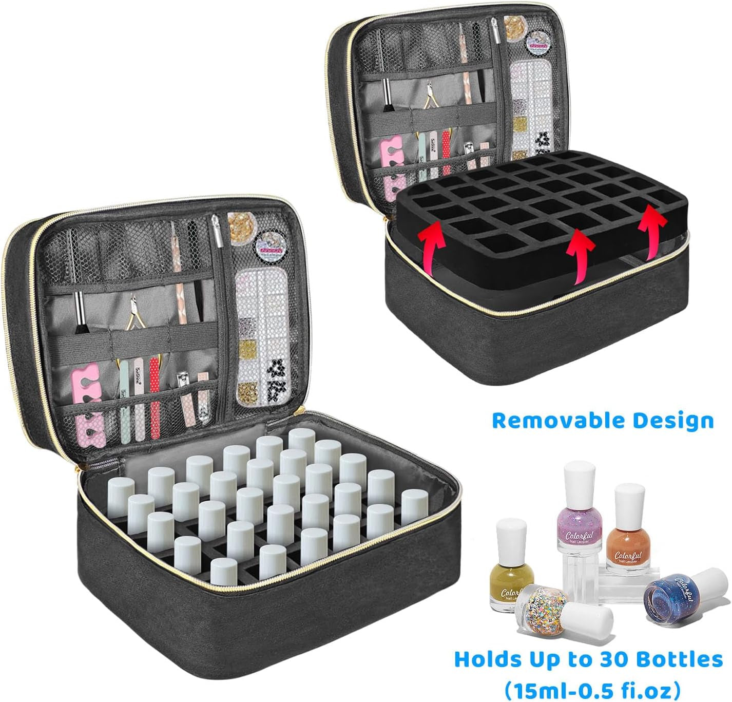 Nail Lacquer Organizer Tasche, Doppelschicht Nail Lacquer Opbevaringsboks, Organizer Koffer Für Nageldesign Kosmetiktasche Für 30 Flaschen Neonail Base(15Ml-0.5 Fl.Oz) & 1 Neglelampe(Schwarz)