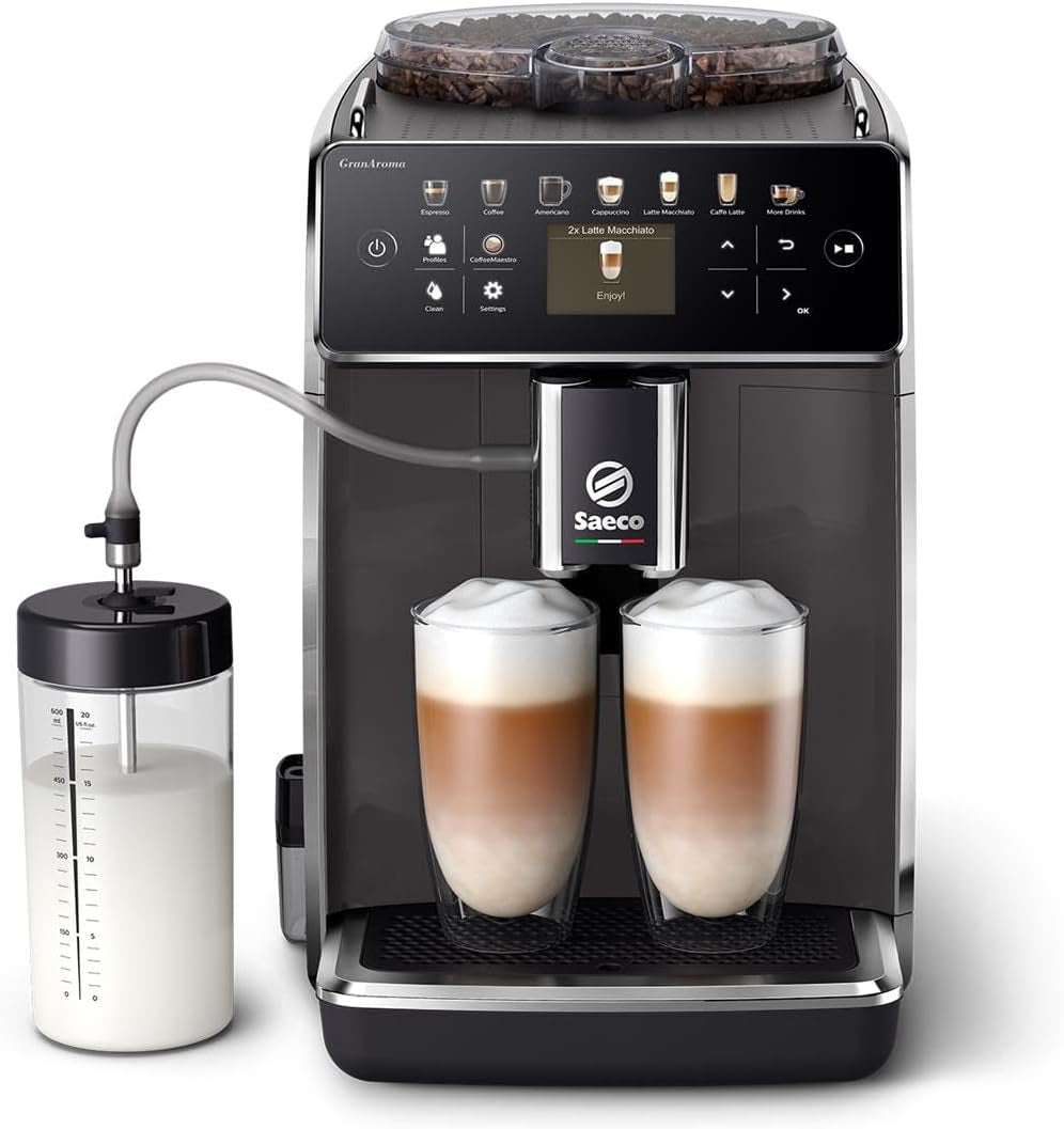 Saeco GranAroma automatisk espressomaskine - 14 kaffespecialiteter, intuitiv farveskærm, 4 brugerprofiler, keramisk kværn, 1500 watt (SM6580/10)