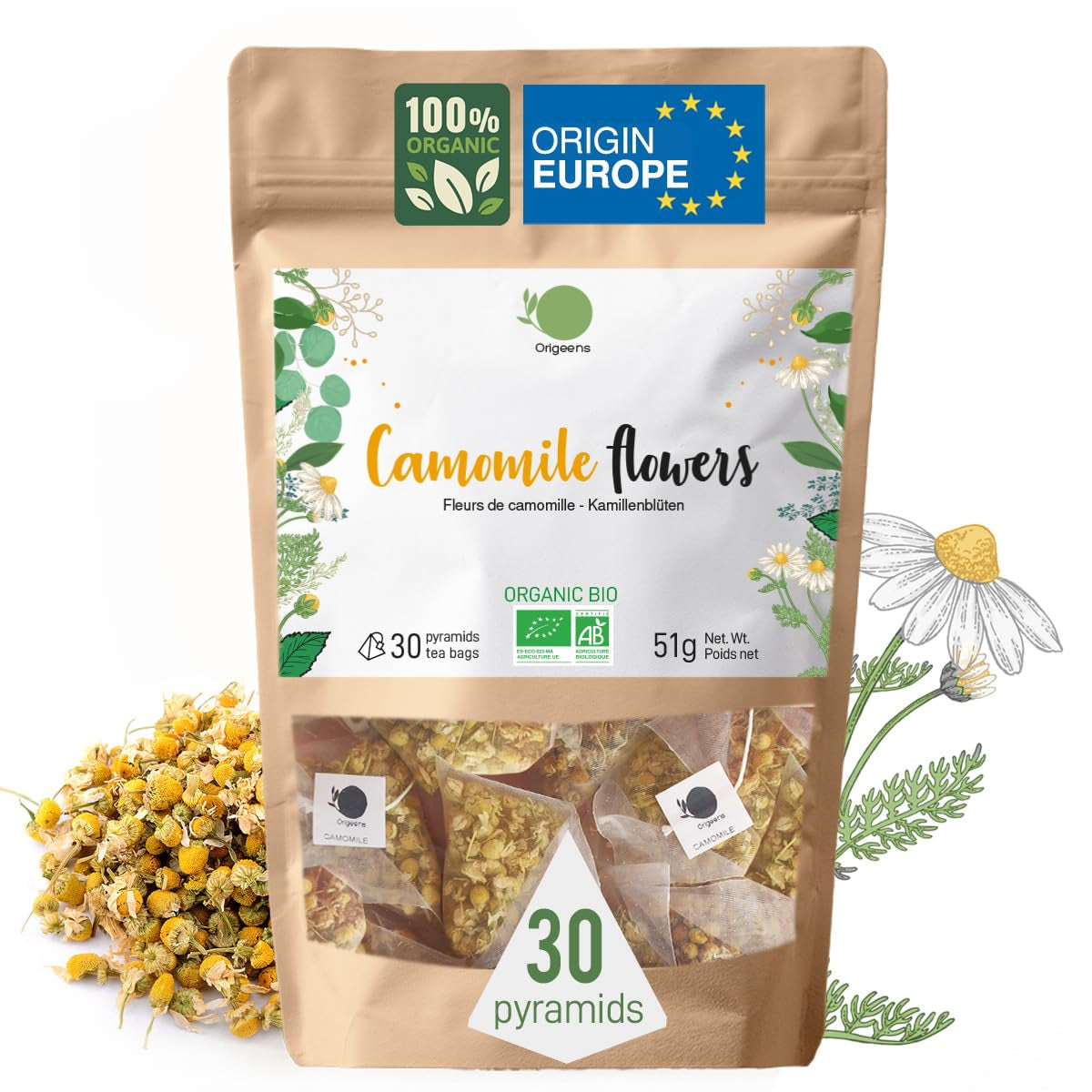 ORIGEENS Økologisk kamilleblomstte fra Europa, 100 g | Løsbladste, økologisk te til søvn og fordøjelse | Tysk kamille | Certificeret og pakket i Tyskland