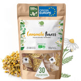 ORIGEENS Økologisk kamilleblomstte fra Europa, 100 g | Løsbladste, økologisk te til søvn og fordøjelse | Tysk kamille | Certificeret og pakket i Tyskland