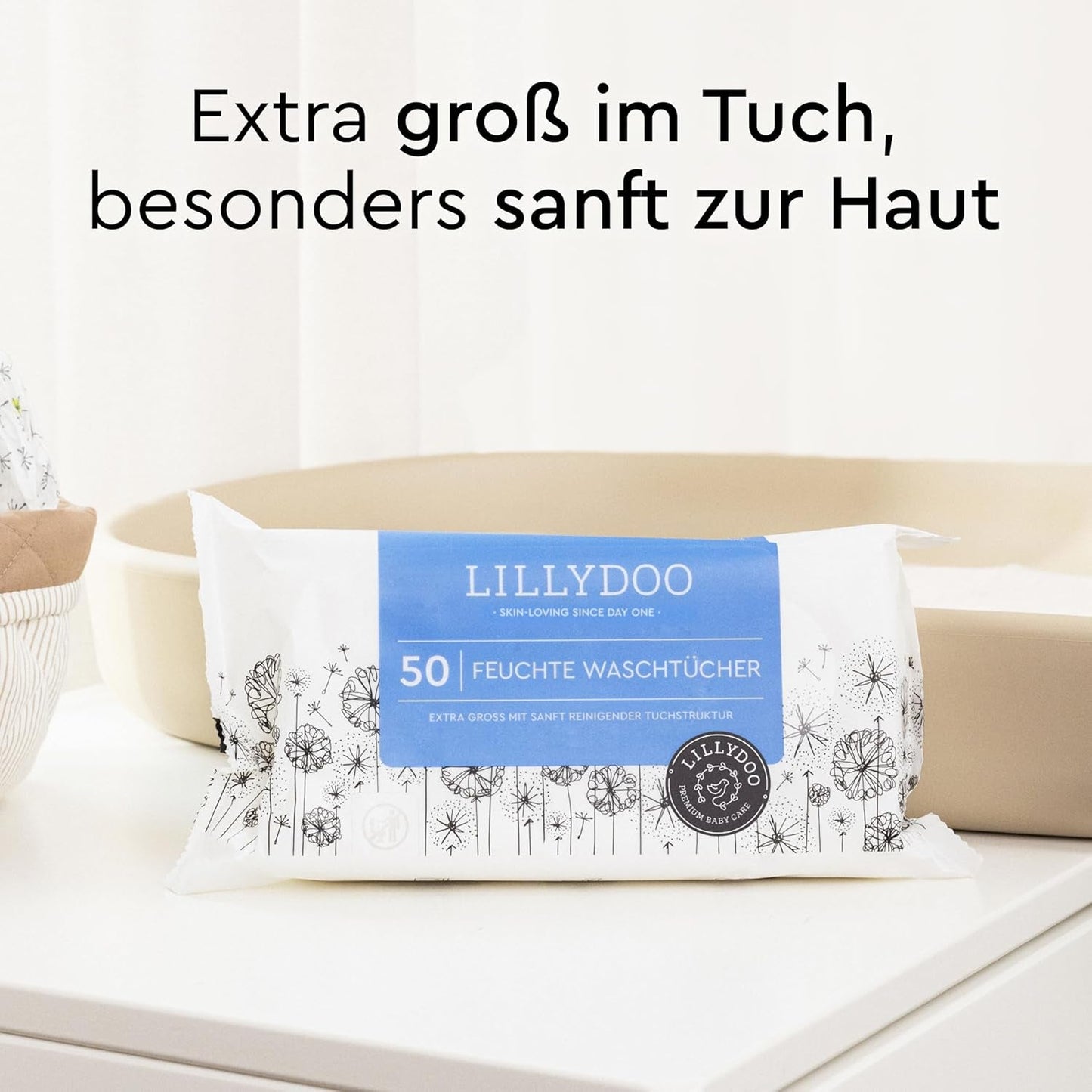 LILLYDOO vådservietter 50 count 100 % plastikfri ekstra stor klud uparfumeret
