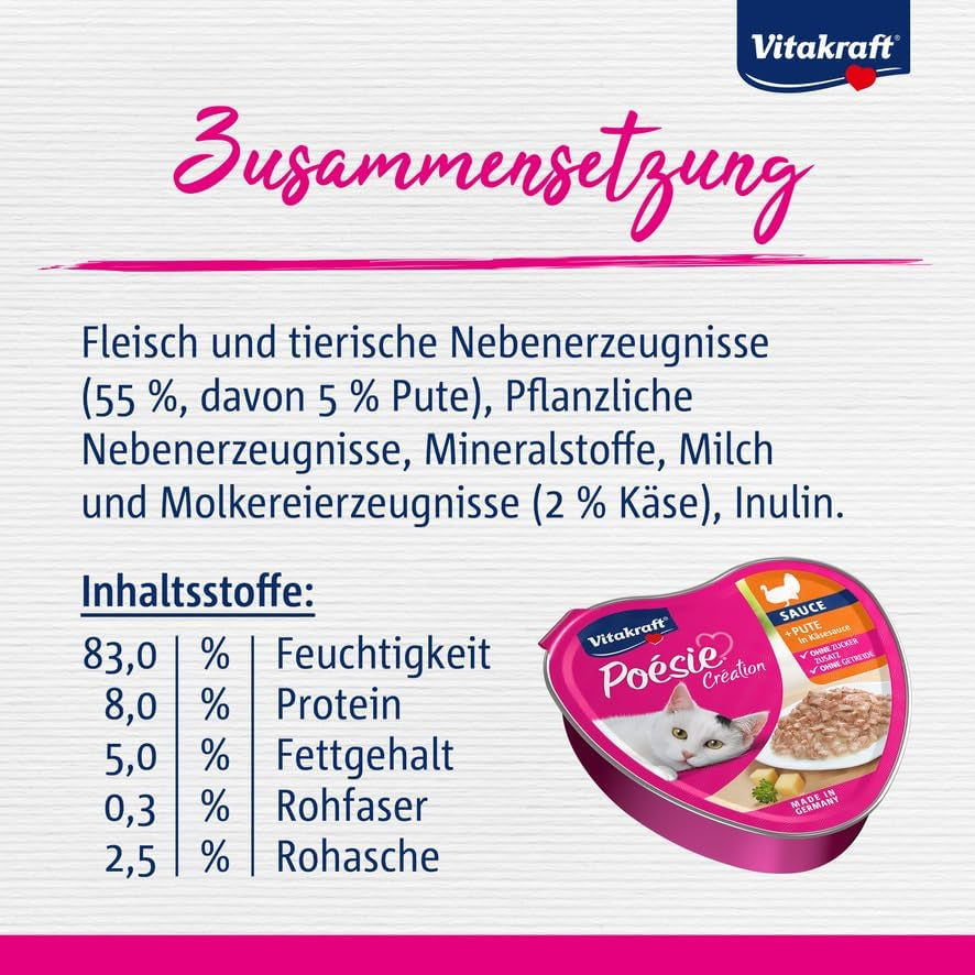 Vitakraft Poésie Création, våd kattefoder, våd kattefoder i sauce, med kalkun i ostesauce, multipak, uden tilsat sukker eller korn (15 x 85g)