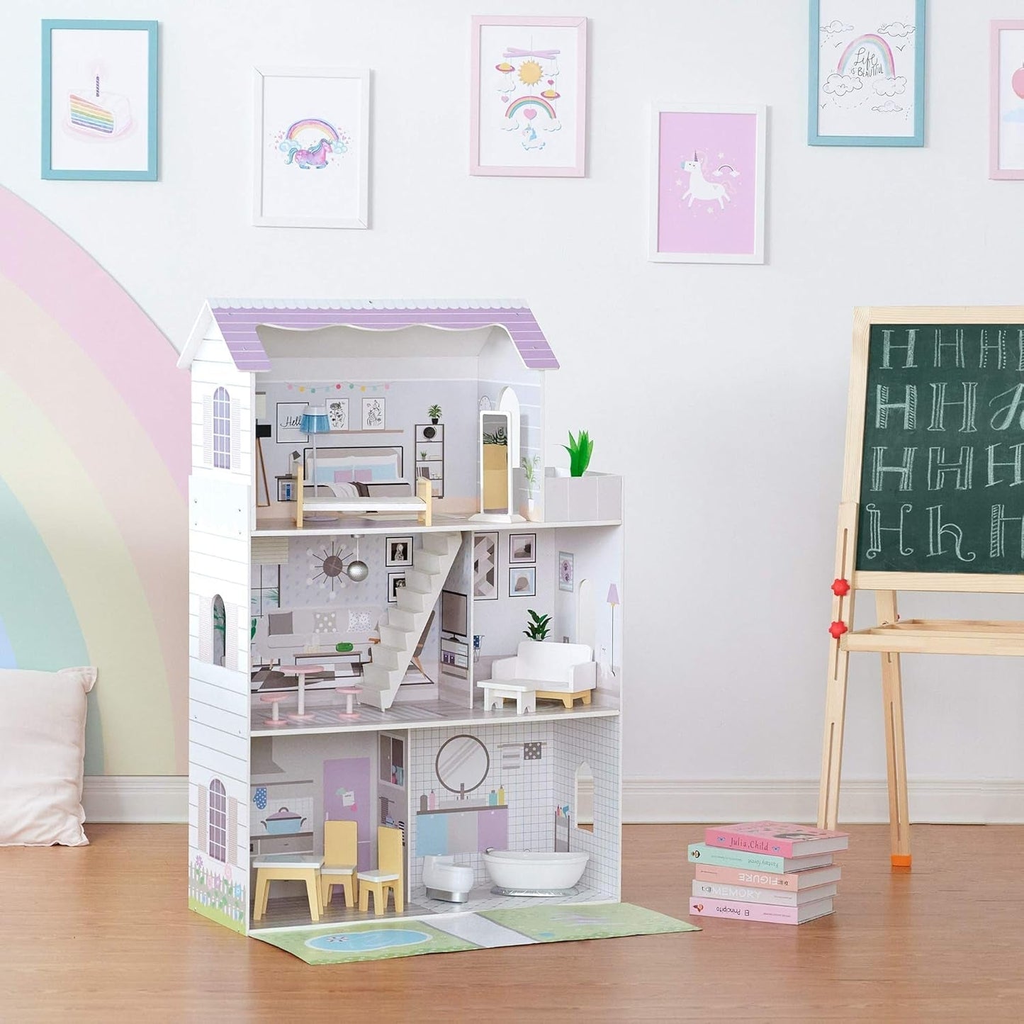 Teamson Kids Olivias Little World Giant dukkehus med 16 dukketilbehør, trædukkehus med møbler, 3-etagers, børnedukkehus til 12 tommer/30 cm dukker, alder 3 år+ Naty Shop dukkehuse