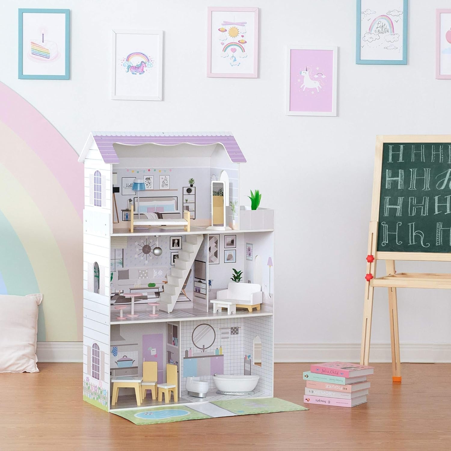 Teamson Kids Olivias Little World Giant dukkehus med 16 dukketilbehør, trædukkehus med møbler, 3-etagers, børnedukkehus til 12 tommer/30 cm dukker, alder 3 år+ Naty Shop dukkehuse