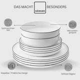 SANGER | Marlo sort og hvid kant servisesæt, 18 dele porcelænsstel til 6, hvid med sorte accenter, middagstallerkener, desserttallerkener og skåle, moderne design | PREMIUM KOLLEKTIONEN