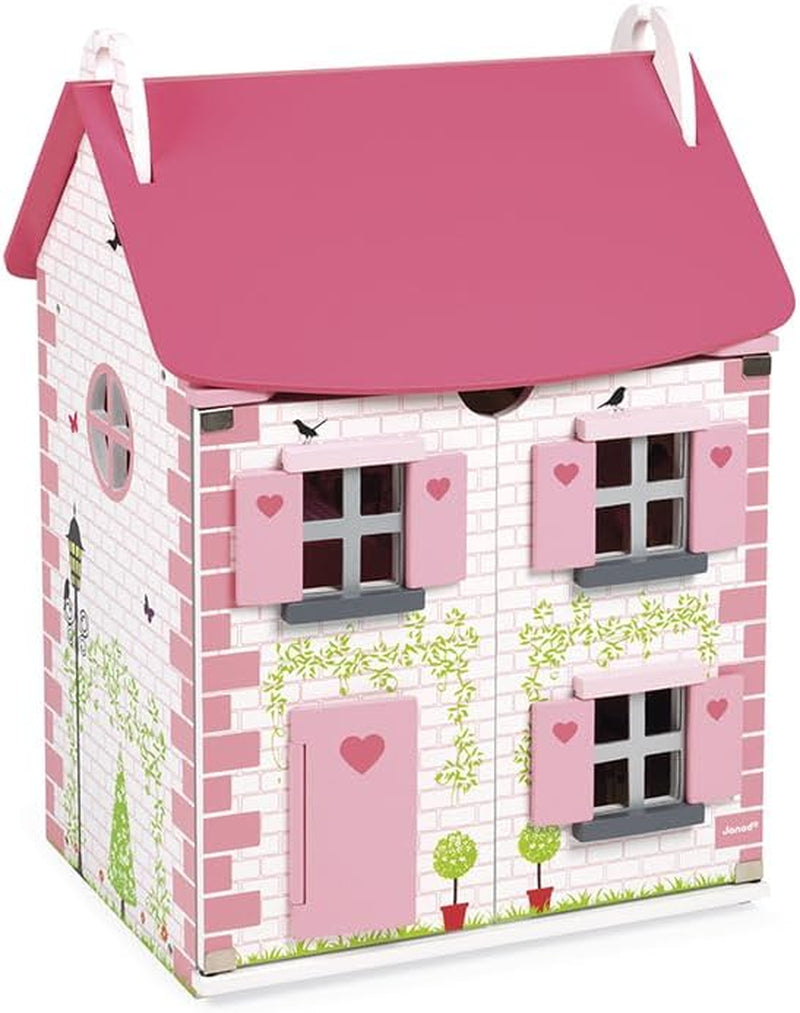 Janod - Mademoiselle dukkehus i træ, 3 etager og 11 tilbehør, kopilegetøj, udvikler fantasi, i alderen 3+, J06581, Pink Naty Shop dukkehuse