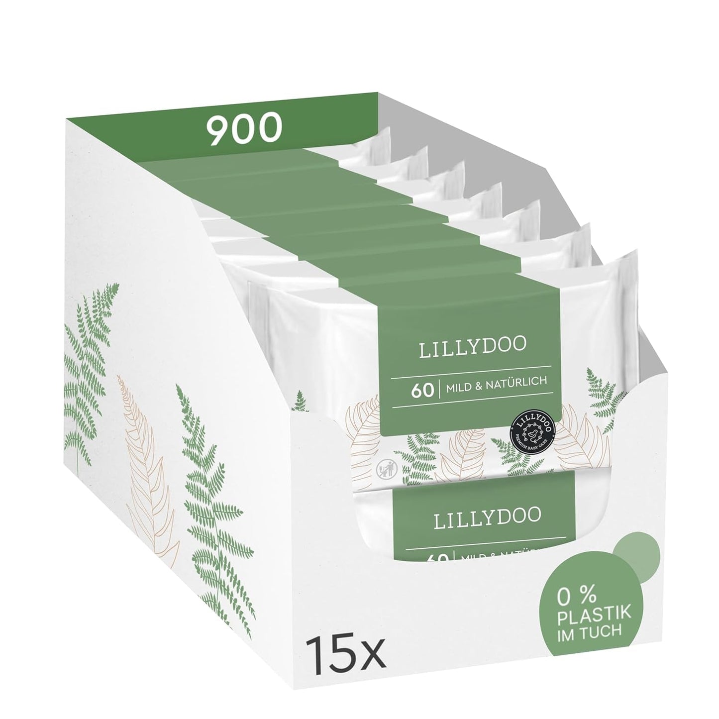 LILLYDOO grønne vådservietter, 600 count (10 x 60), 100 % plastfri rivefast serviet - Parfumefri, skånsom og naturlig, skånsom rensning til følsom hud, dermatologisk testet