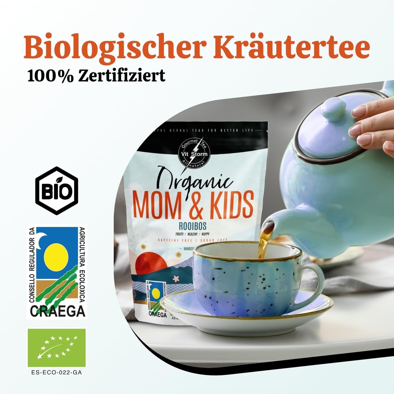 VITSTORM® BIO TEE Mom & Kids - Te til kvinder og ammende - Rooibos, æble, fennikel, citronmelisse, alchemilla, jordbær - Afslappende te - Frugtagtig og lækker - Koffeinfri - Urtete 100 g