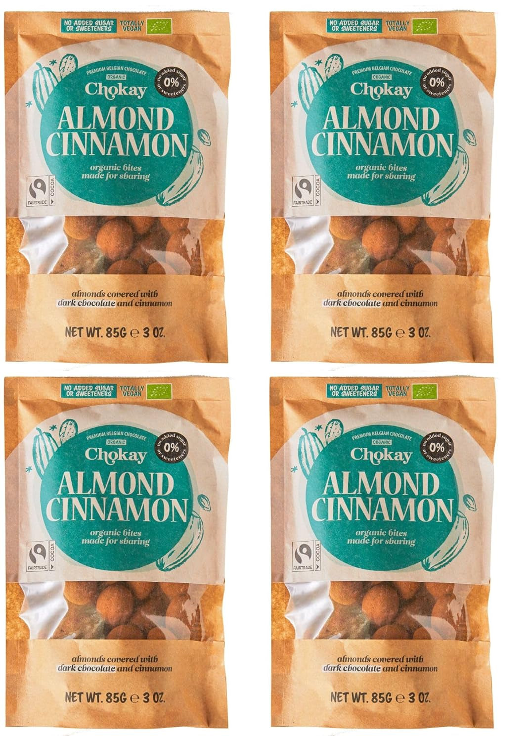 Sæt med 4 økologiske bid - kanelmandler/kanelmandler i belgisk mørk chokolade/ingen tilsat sukker, ingen sødemidler/VEGAN & FAIR TRADE / 4 x 85g