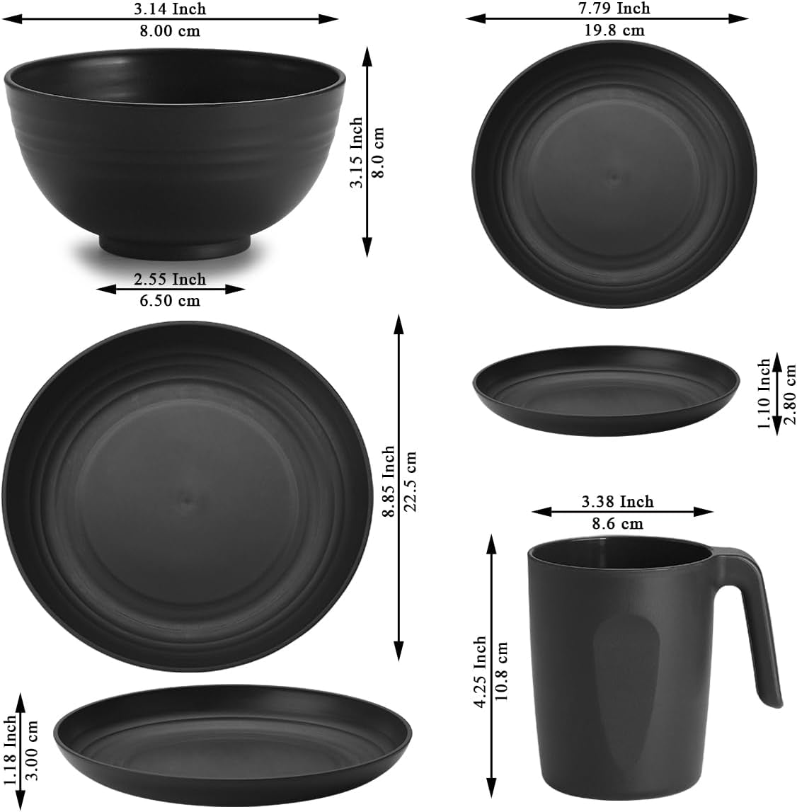 Berglander sort plastik 24-dele stel til 6 genanvendelige tallerkener og skåle, inklusive middagstallerkener, desserttallerkener, kornskåle og kopper til hjemmet, haven og picnics
