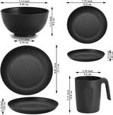 Berglander sort plastik 24-dele stel til 6 genanvendelige tallerkener og skåle, inklusive middagstallerkener, desserttallerkener, kornskåle og kopper til hjemmet, haven og picnics