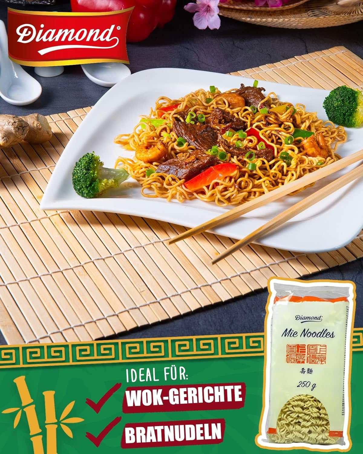DIAMOND Mie Nudler, hvedenudler uden æg, hurtig og nem at tilberede, vegetarisk - 8 x 250 g