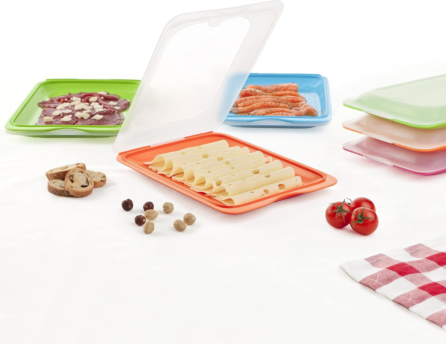 TATAY Fresh Slicer Box Sæt med 4, BPA fri, genanvendelig, stabelbar, opvaskemaskine & MWO, tilfældige farver. Måler 17 cm x 3,2 cm x 25,2 cm Naty Shop madopbevaringsbokse