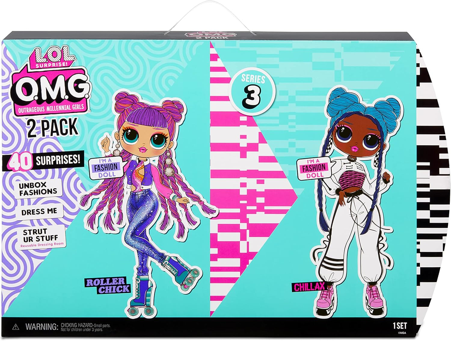 LOL Surprise OMG Fashion Doll 2er-Pack ROLLER CHICK & CHILLAX - Exklusive Puppen med 40 Überraschungen inkl. Outfits og tilbehør - 2-i-1 Verpackungs-Spielset - Serie 3 - Für Kinder ab 4 Jahren