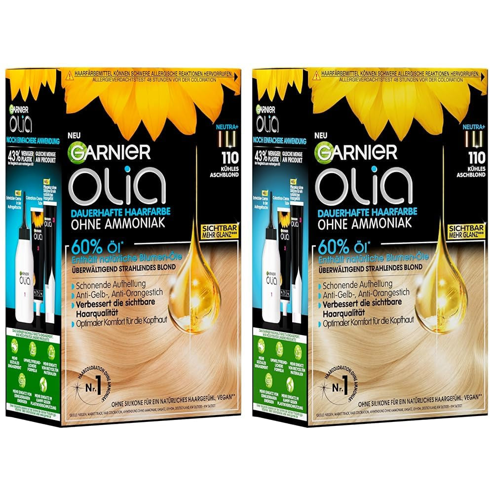 Garnier Olia 110 Cool Ash Blond Ammoniakfri permanent farve med nærende naturlige olier Fuld dækning Grå hår Permanent farve 1 stk (2 pakke) Naty Shop Hårfarve Standardtitel