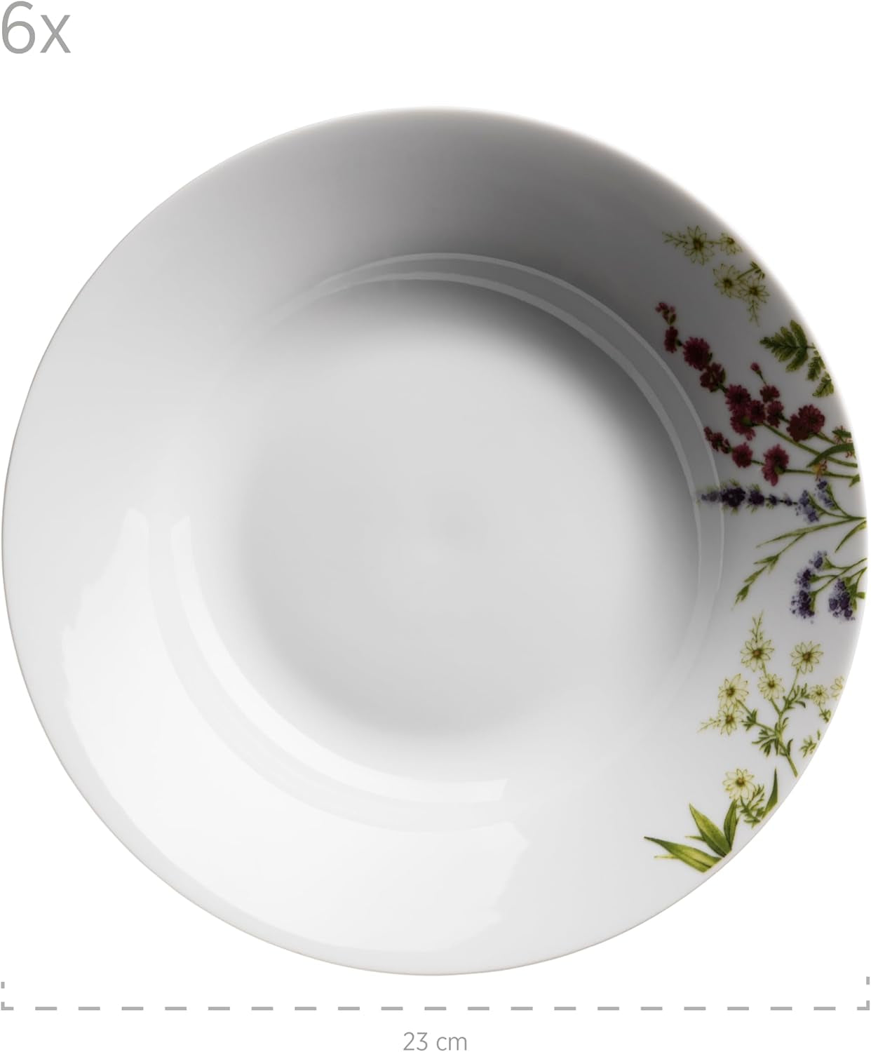 Mäser Urtehave 4-personers 18-delt blomster-detaljeret porcelænssæt inklusive middagstallerkener, suppetallerkener og desserttallerkener, porcelæn, hvid