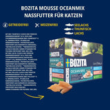 Bozita Mousse Ocean Mix - 12 x 85 g våd kattefoder med tun, laks eller gul torsk - kornfri, sukkerfri og kunstige farver - med postbiotika for en sund tarmflora