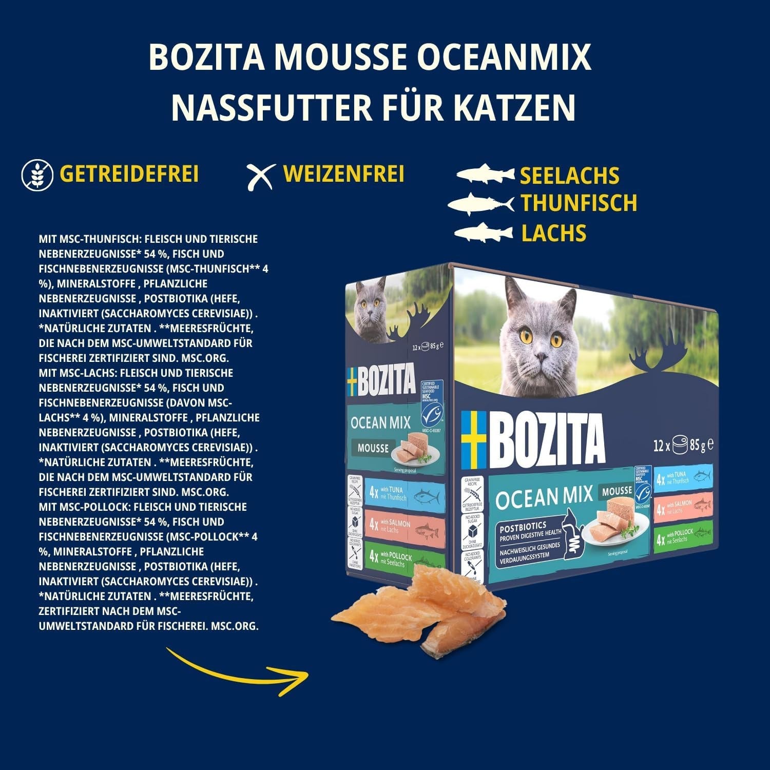 Bozita Mousse Ocean Mix - 12 x 85 g våd kattefoder med tun, laks eller gul torsk - kornfri, sukkerfri og kunstige farver - med postbiotika for en sund tarmflora