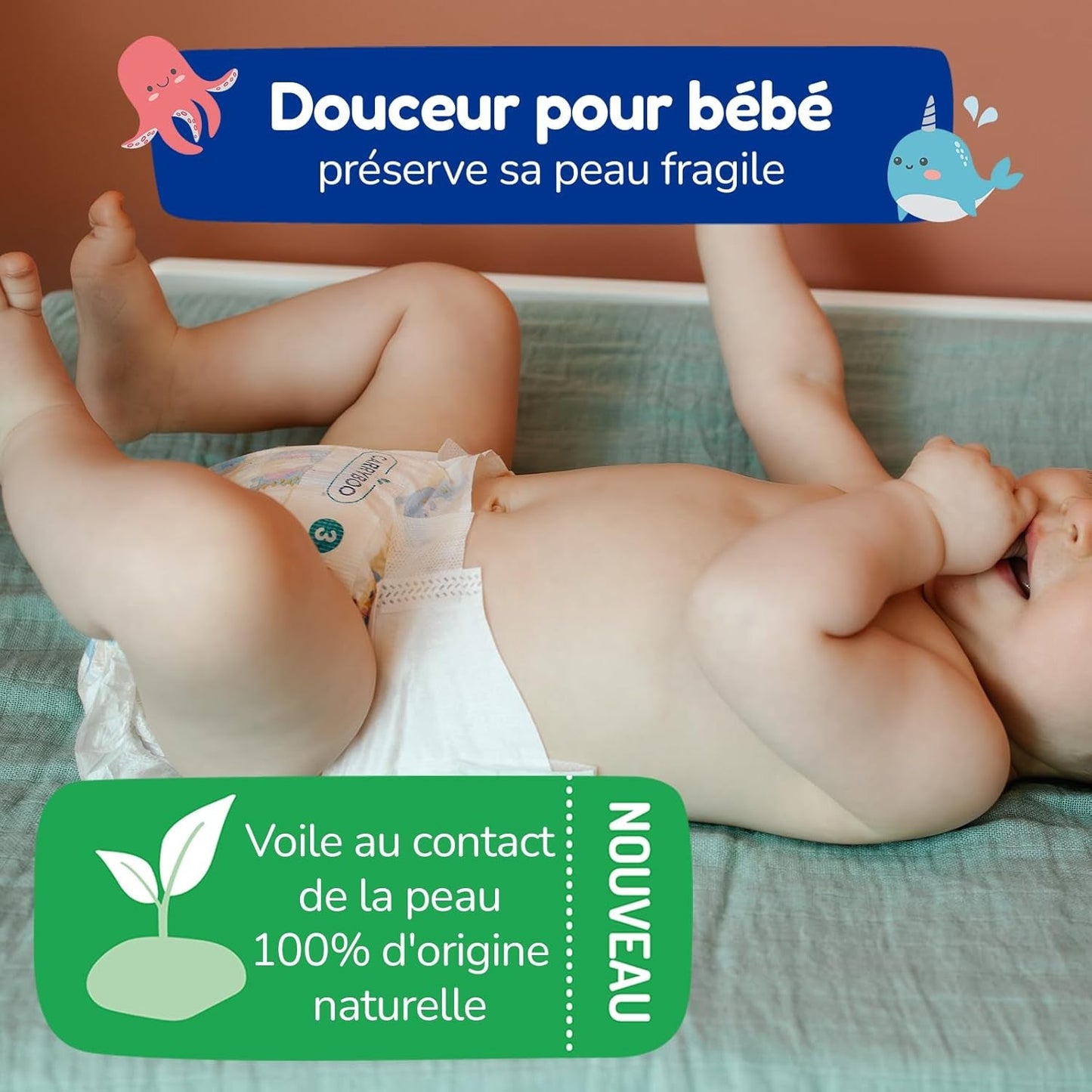 - Blestørrelse 4+ 9-20 kg – Ökologische Babywaidern – natürliche Babypflege, hypoallergen, ohne Parfüm und auslaufsicher – hermestellung in Frankreich – 126 engangsbleer – 1 måned