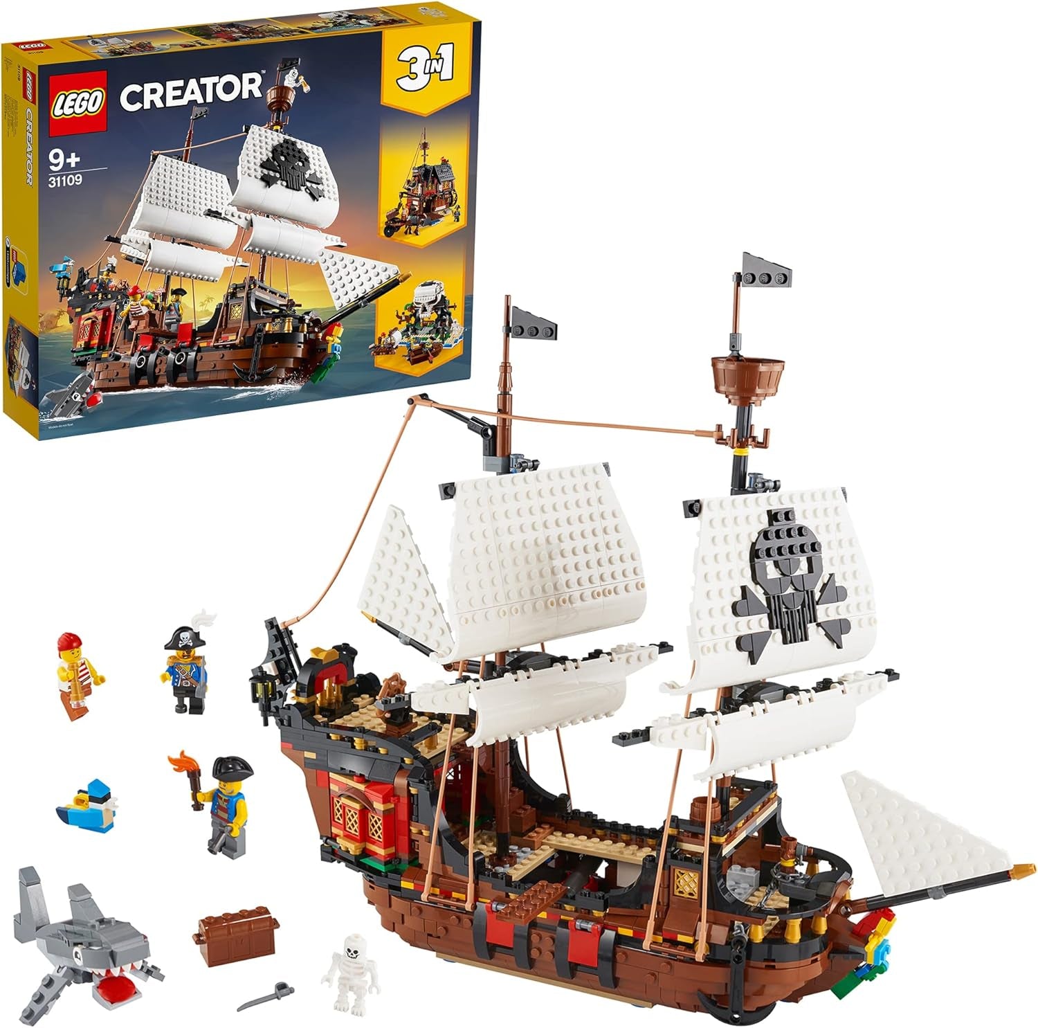 LEGO Creator 3-i-1 piratskibssæt, legetøj med 3 byggemuligheder, byg et piratværtshus eller kraniepiratø, indeholder 3 minifigurer til rollespilseventyr 31109 byggesæt Besuche den LEGO-Store standardemballage