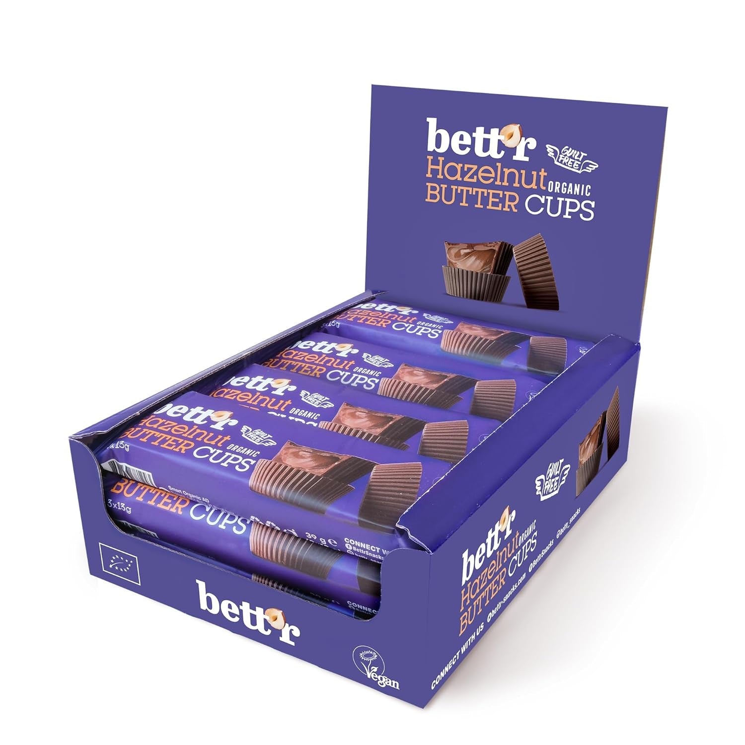 Bett'r Guilt-fri økologiske hasselnøddesmørblomster. 100% vegansk, glutenfri og laktosefri - 12 x 39 g