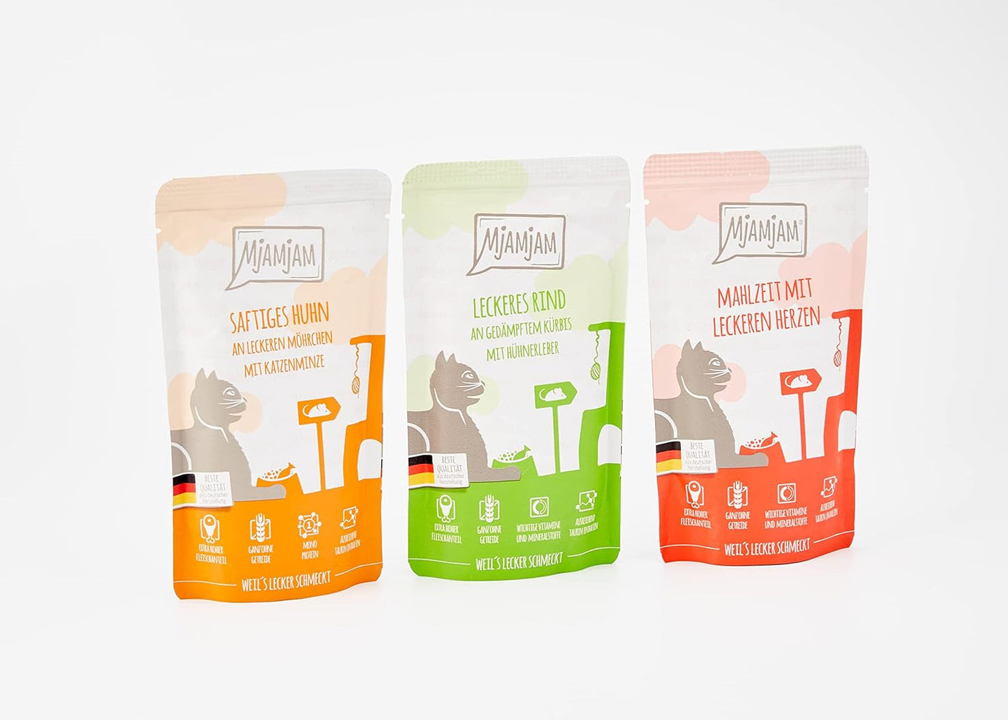 MjAMjAM - Premium våd kattefoder - Blandet pakke I - Kylling, oksekød, hjerter 12 pakke (12 x 125 g), kornfri med ekstra kød