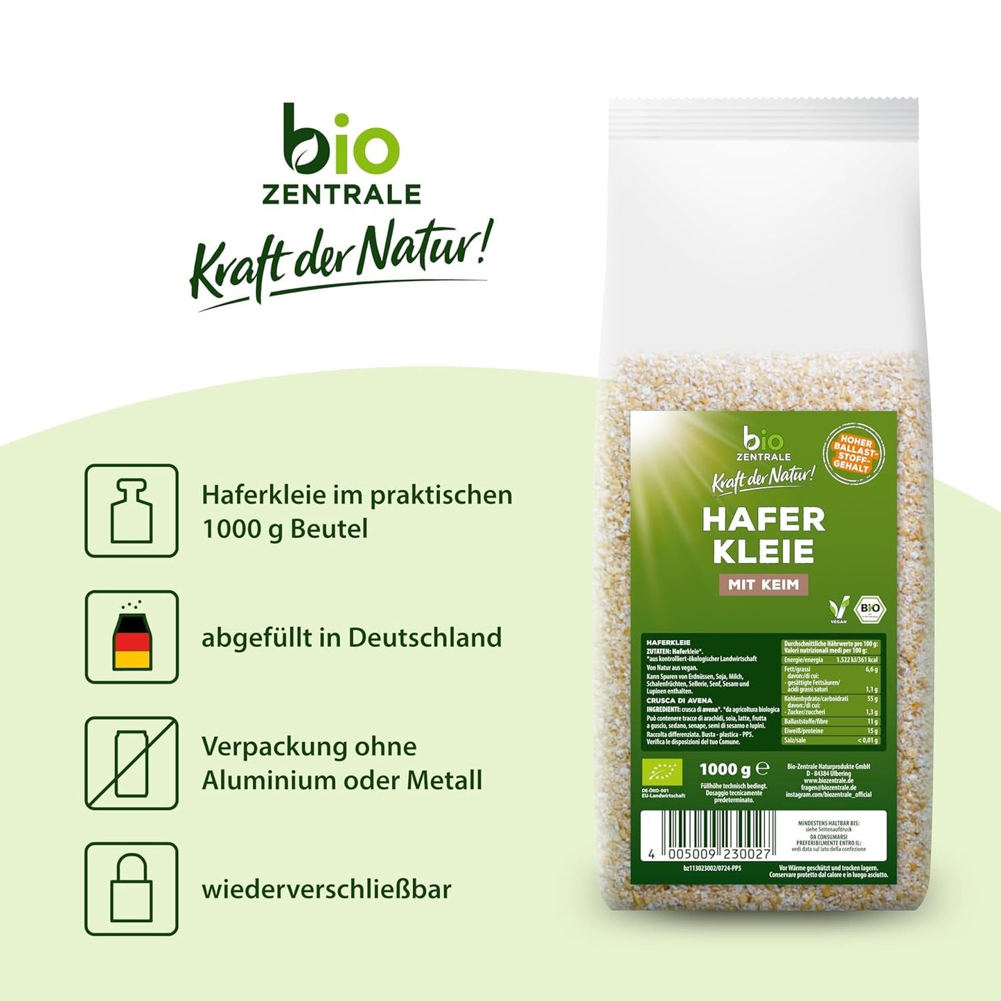 Biocentral økologisk havreklid 1 kg | Fordelagtig pakke | Fiberrig proteinkilde | Naturally vegan | Fra EU's landbrug | Lavt sukkerindhold