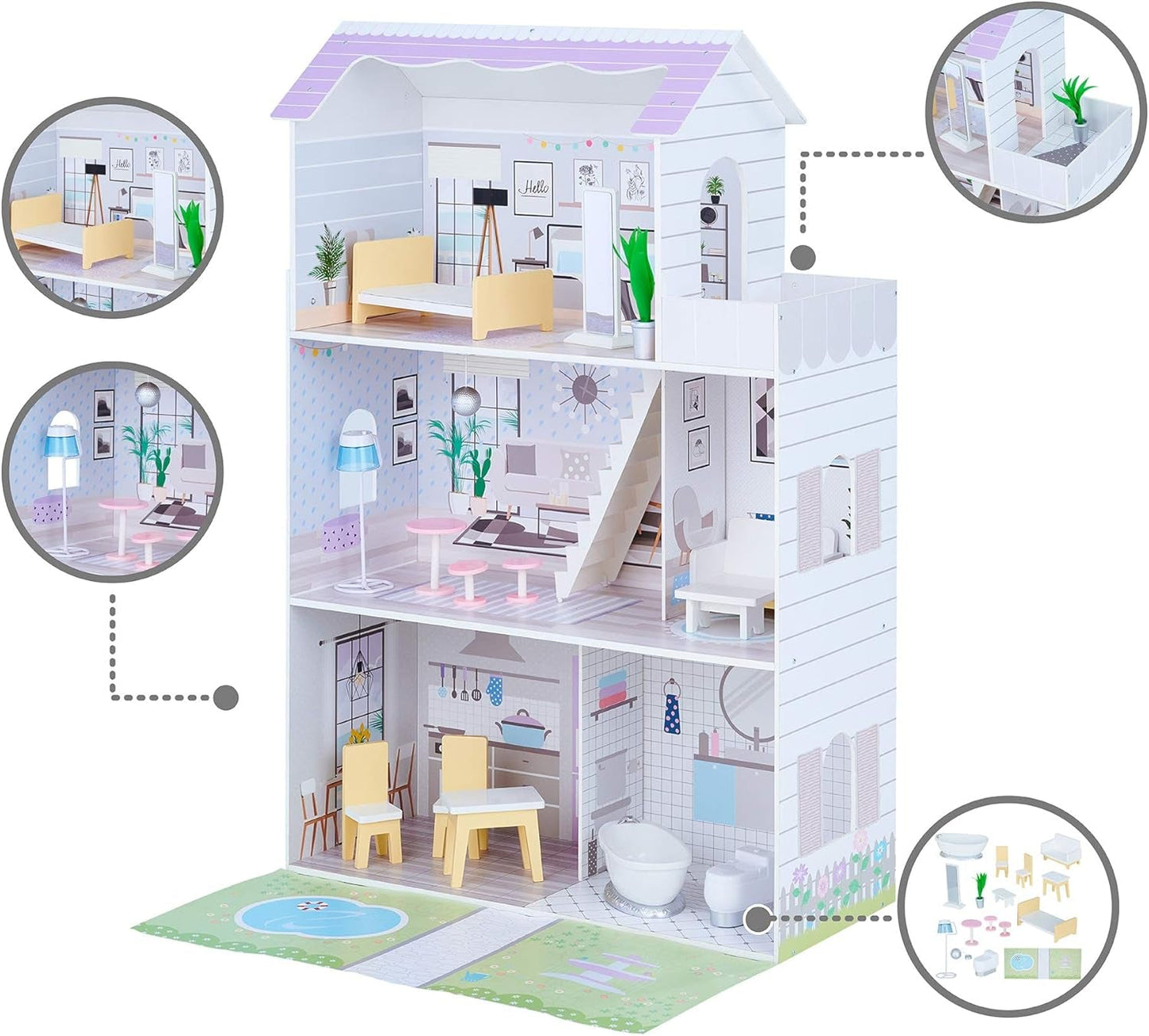 Teamson Kids Olivias Little World Giant dukkehus med 16 dukketilbehør, trædukkehus med møbler, 3-etagers, børnedukkehus til 12 tommer/30 cm dukker, alder 3 år+ Naty Shop dukkehuse