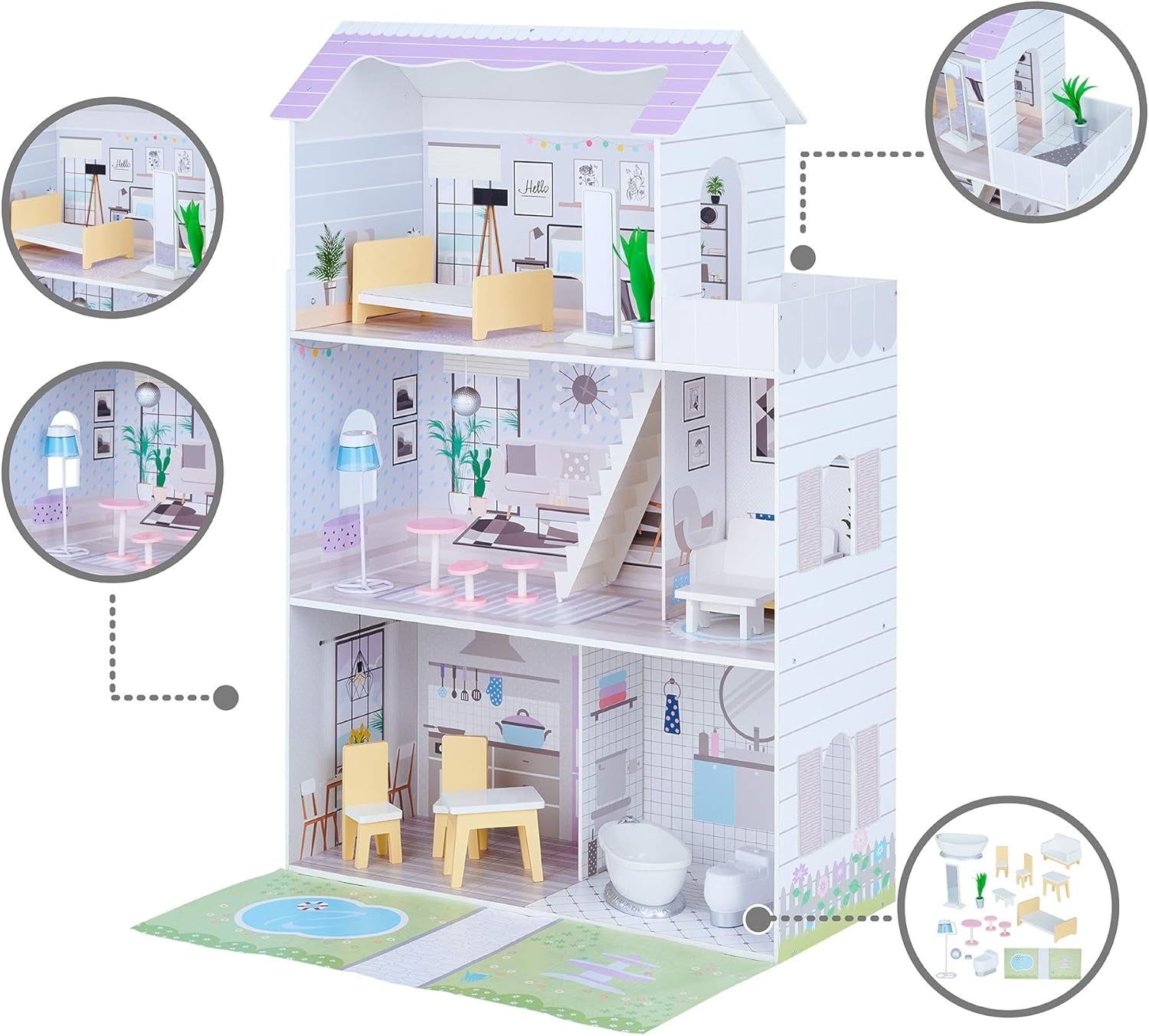 Teamson Kids Olivias Little World Giant dukkehus med 16 dukketilbehør, trædukkehus med møbler, 3-etagers, børnedukkehus til 12 tommer/30 cm dukker, alder 3 år+ Naty Shop dukkehuse