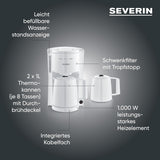 Severin espressomaskine med filter og 2 termokander, espressomaskine med låg, drypfri ophældning, lang temperatur vedligeholdelse, automatisk slukning, 1000 W, ca. 1 liter, hvid, KA 9309