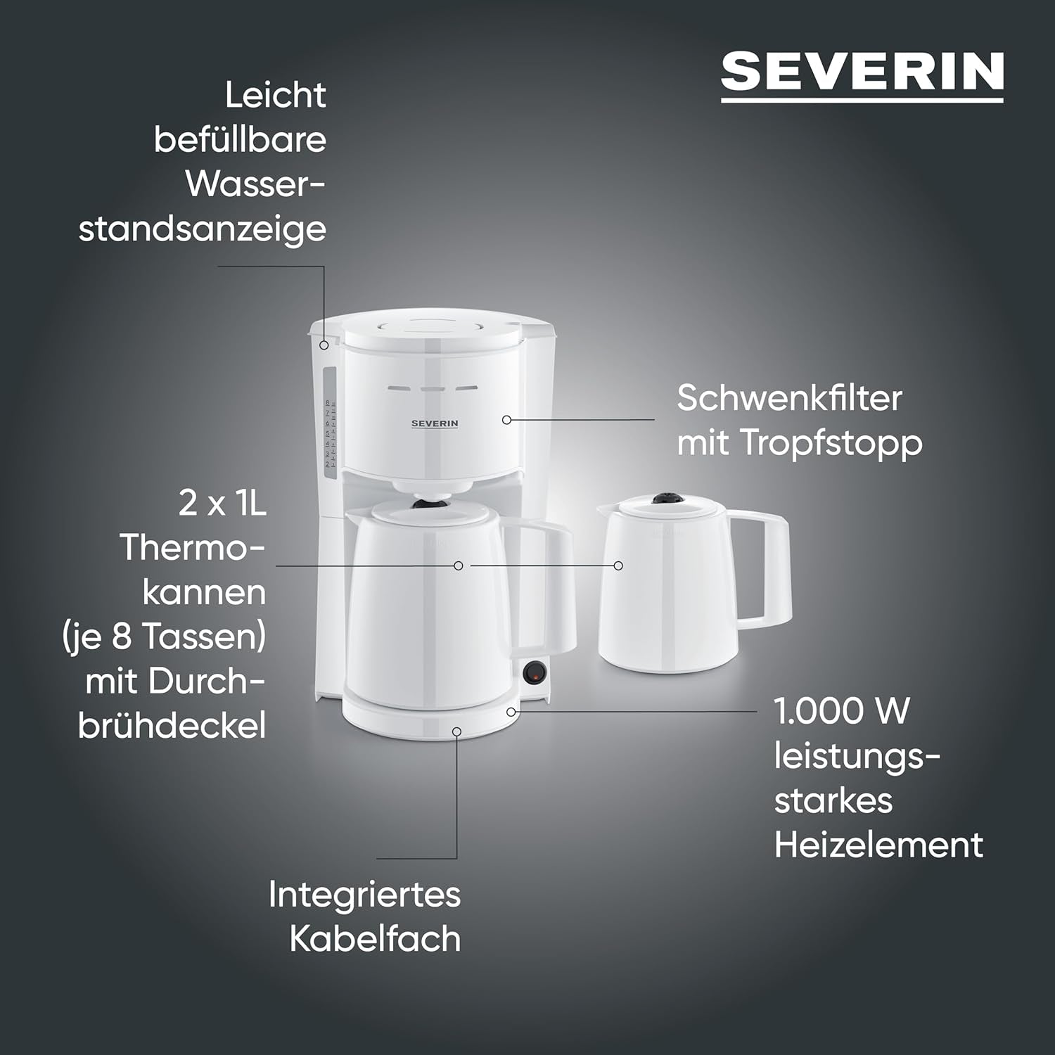 Severin espressomaskine med filter og 2 termokander, espressomaskine med låg, drypfri ophældning, lang temperatur vedligeholdelse, automatisk slukning, 1000 W, ca. 1 liter, hvid, KA 9309