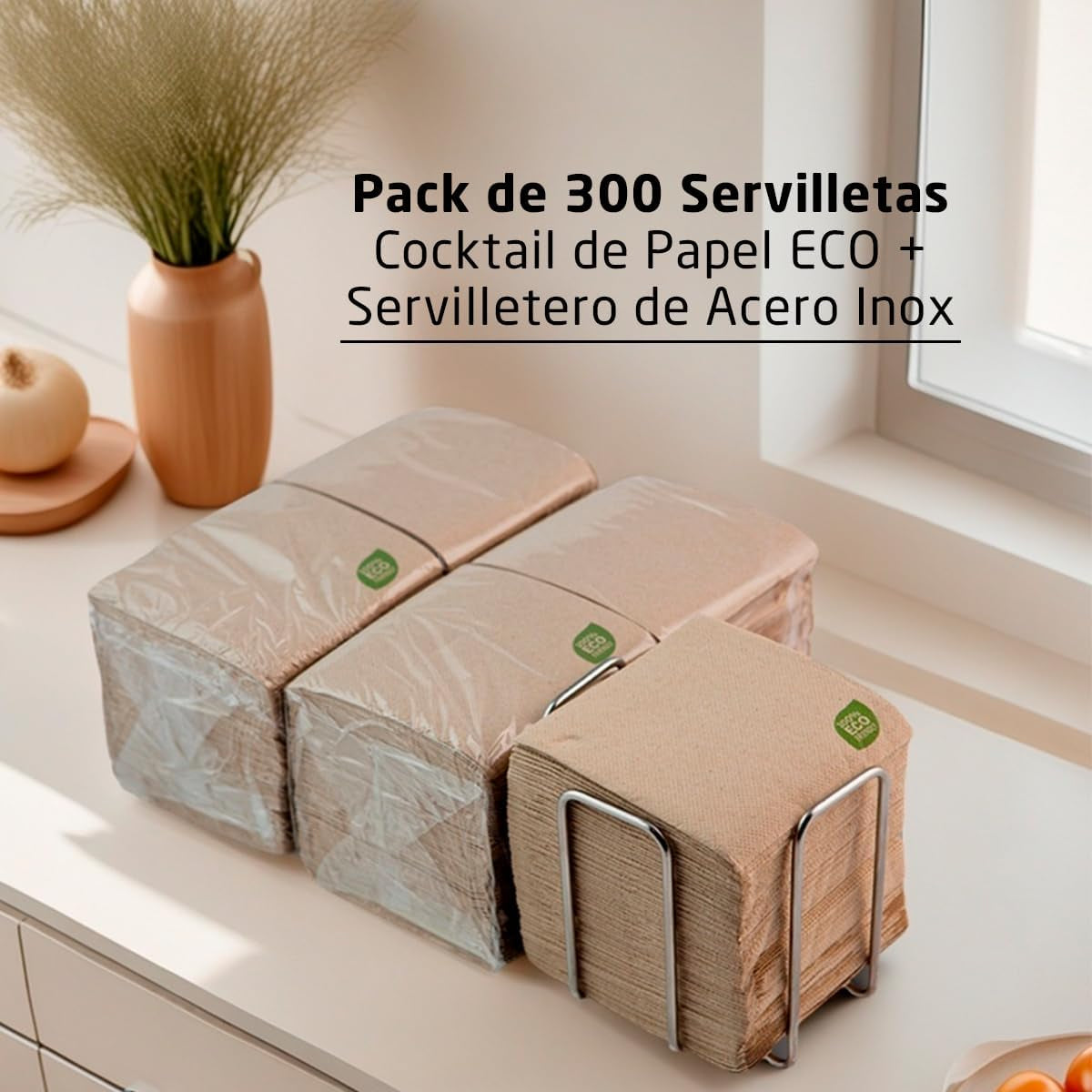 300 pakke Cocktailpapirservietter, 100 % genanvendelige og biologisk nedbrydelige, Servietholder i rustfrit stål, miljøvenlige servietter, 10 X 10 cm, foldet.