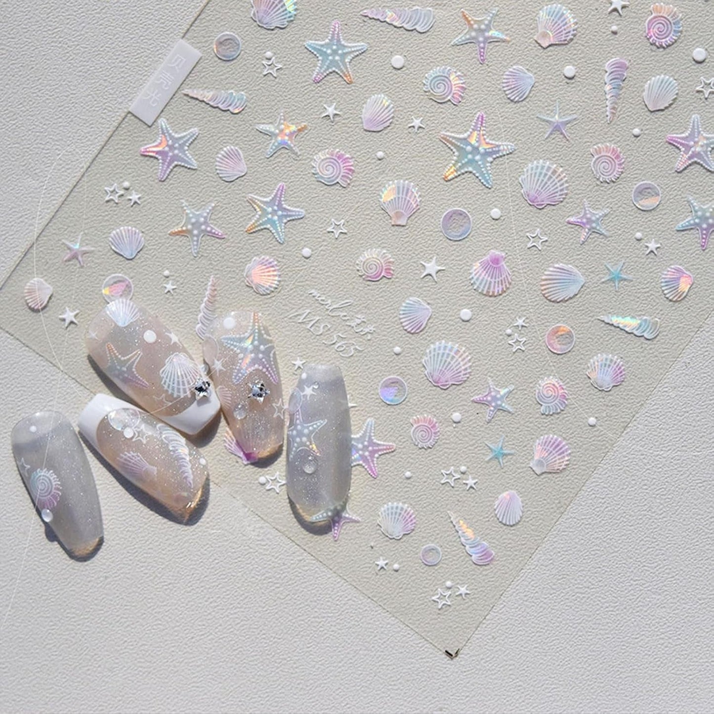 JMEOWIO 3D Nagelsticker Aurora Muschel Seestern Nail Art Sticker Selbstklebend Nagelaufkleber 5D Stereoskopisk Ozean Tema Dekoration Nageldesign Tilbehør 1 Blatt