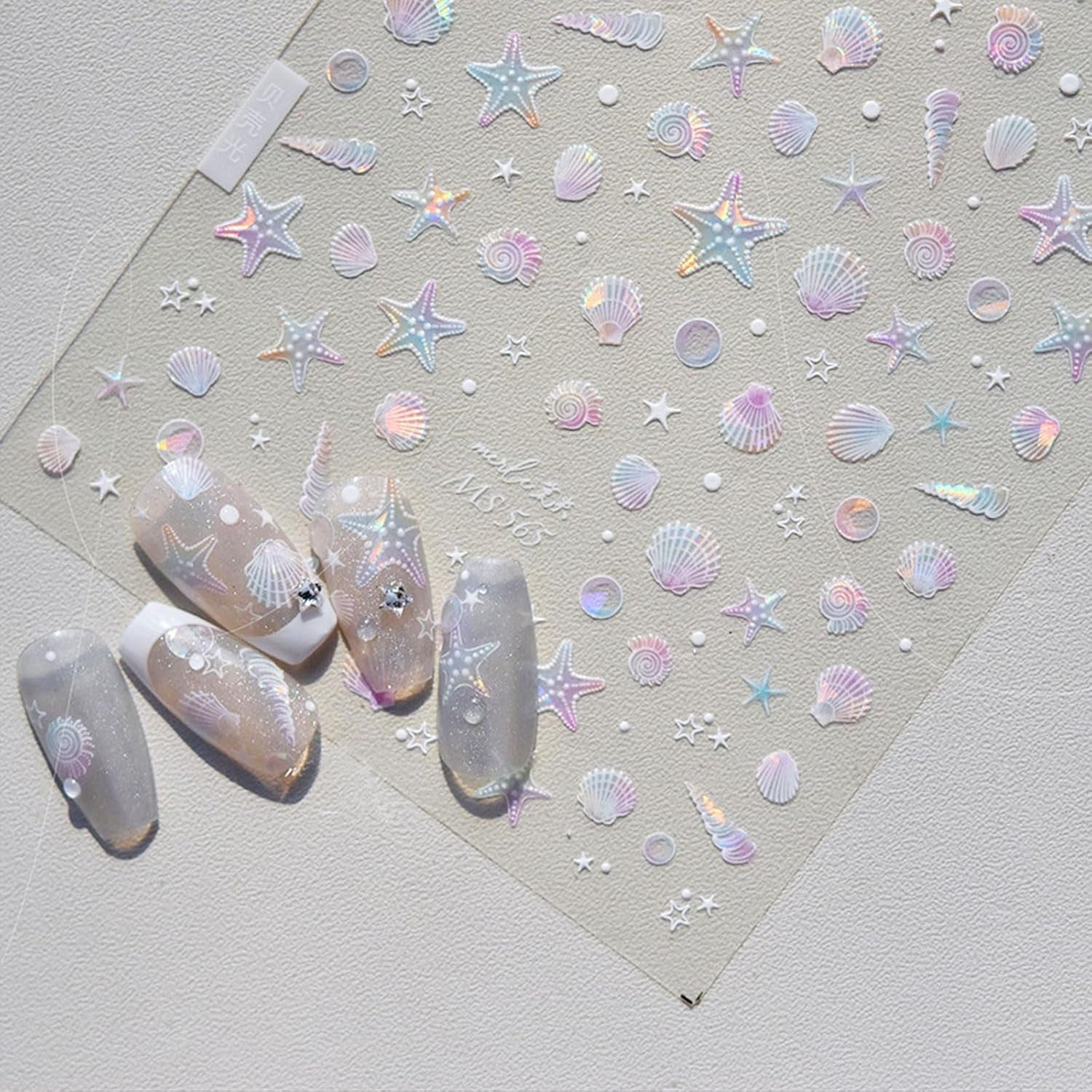 JMEOWIO 3D Nagelsticker Aurora Muschel Seestern Nail Art Sticker Selbstklebend Nagelaufkleber 5D Stereoskopisk Ozean Tema Dekoration Nageldesign Tilbehør 1 Blatt