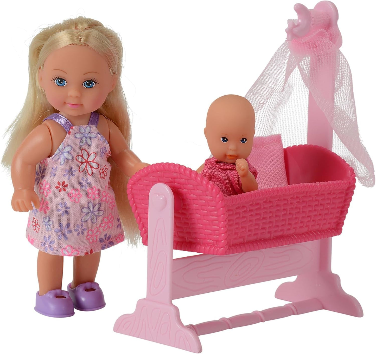 Simba 105736242 - Evi Love Doll Cradle 2 Assorteret Evi som barnepige med vugge og baby modedukke 12 cm fra 3 år og opefter