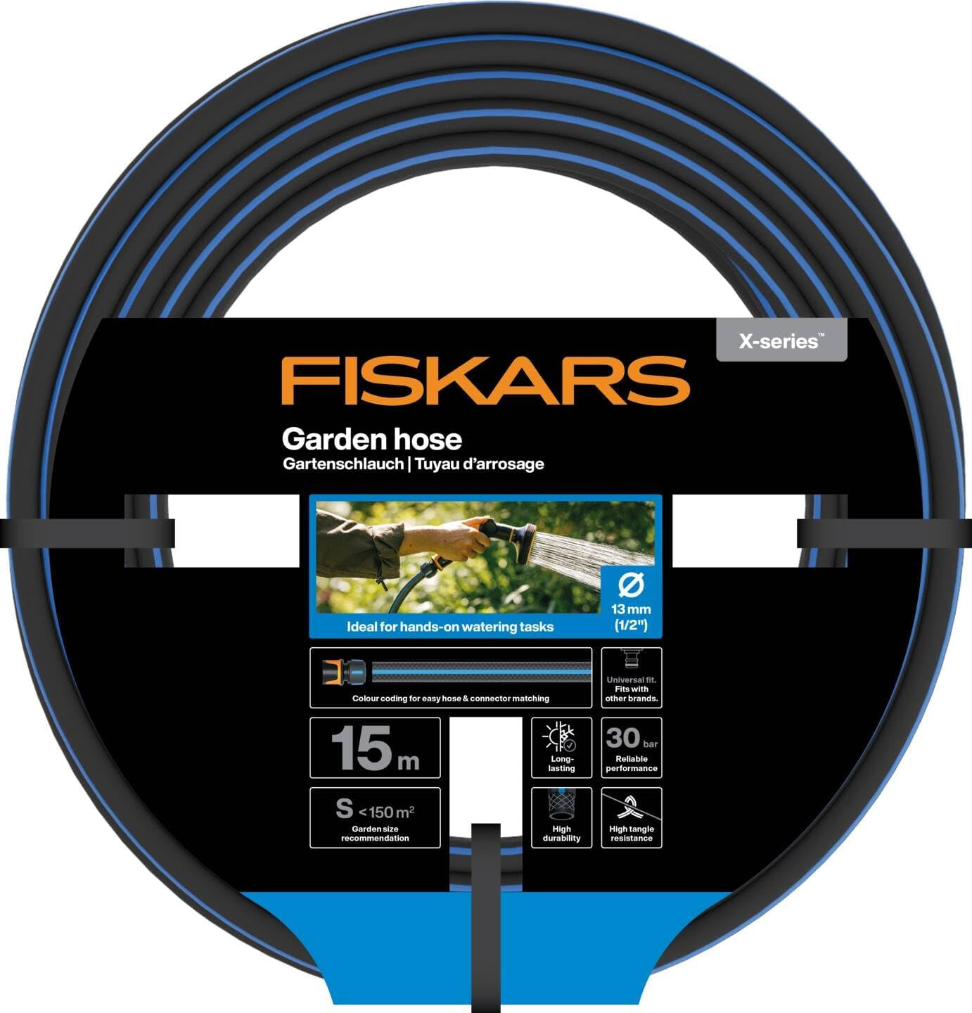 Fiskars S Haveslange, Serie X, Vandslange til manuel vanding, 13 mm (1/2"), Længde: 15m, Universalforbindelse, UV-beskyttelse, Frostbeskyttelse, Vridsikker, Blå, 1076044