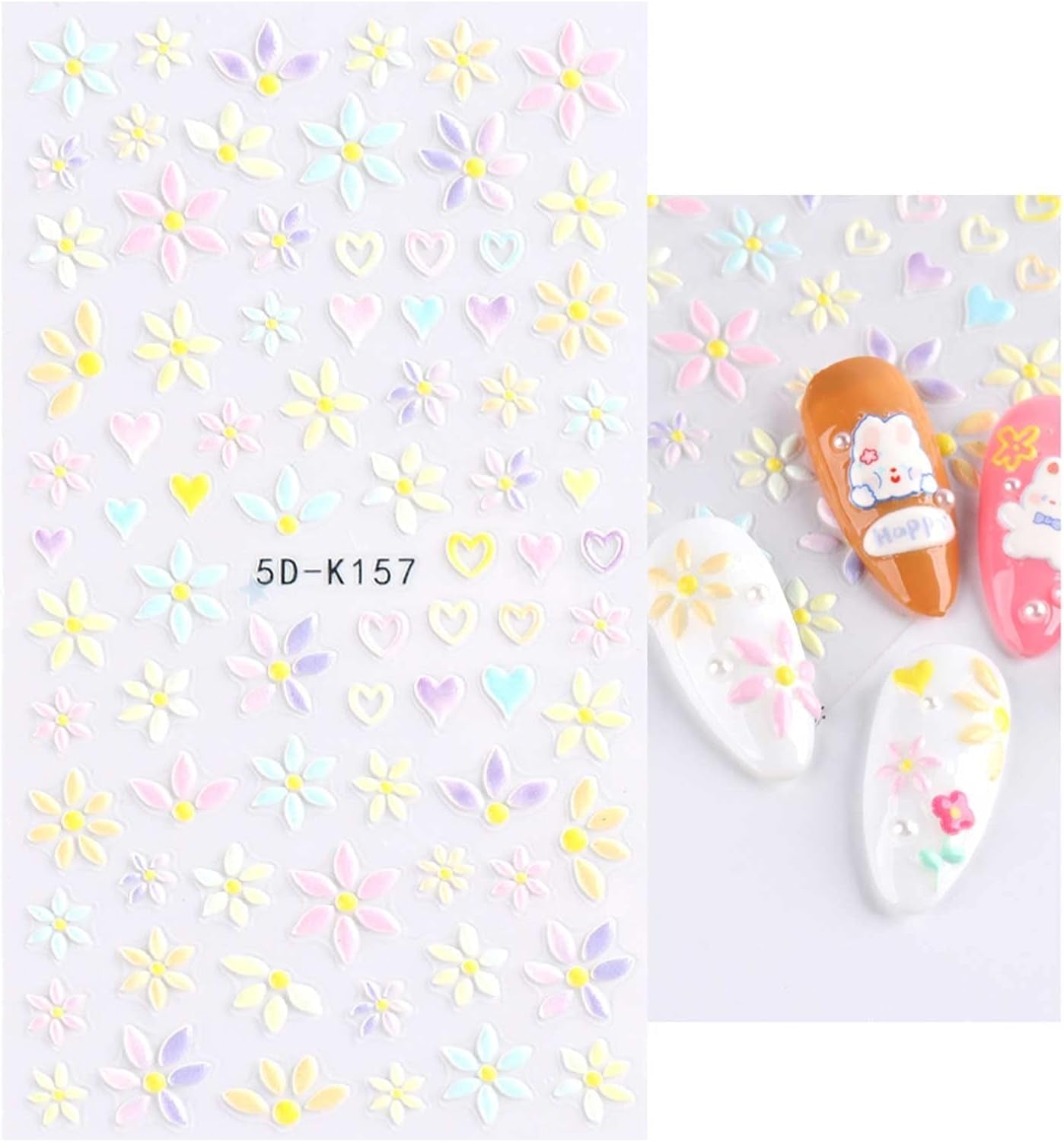 JMEOWIO 3D Nagelsticker Frühling Blumen 5 Blatt Nagelaufkleber 5D Stereoskopisk Selbstklebend Bunte Blüte Nail Art Sticker Dekoration Nageldesign Zubehör