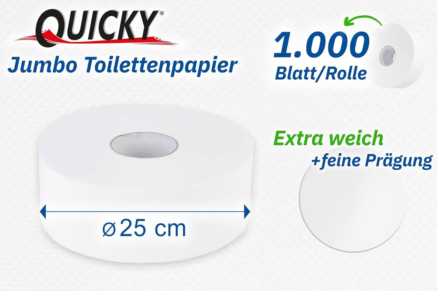 Quicky Jumbo 2-lags toiletpapir, 25 cm Ø, lys hvid, præget med fine prikker, 6 ruller - absorberende og rivefast for maksimal hygiejne, ideel til offentlige institutioner og industri