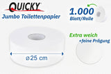 Quicky Jumbo 2-lags toiletpapir, 25 cm Ø, lys hvid, præget med fine prikker, 6 ruller - absorberende og rivefast for maksimal hygiejne, ideel til offentlige institutioner og industri