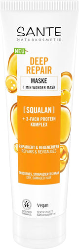 SANTE Natural Cosmetics Deep Repair Mask Squalane + 3x Protein Complex, Vegansk hårmaske til intens hydrering og fleksibelt hår, reparerer og regenererer beskadiget hår, 150 ml Naty Shop Hair Mask Standardtitel