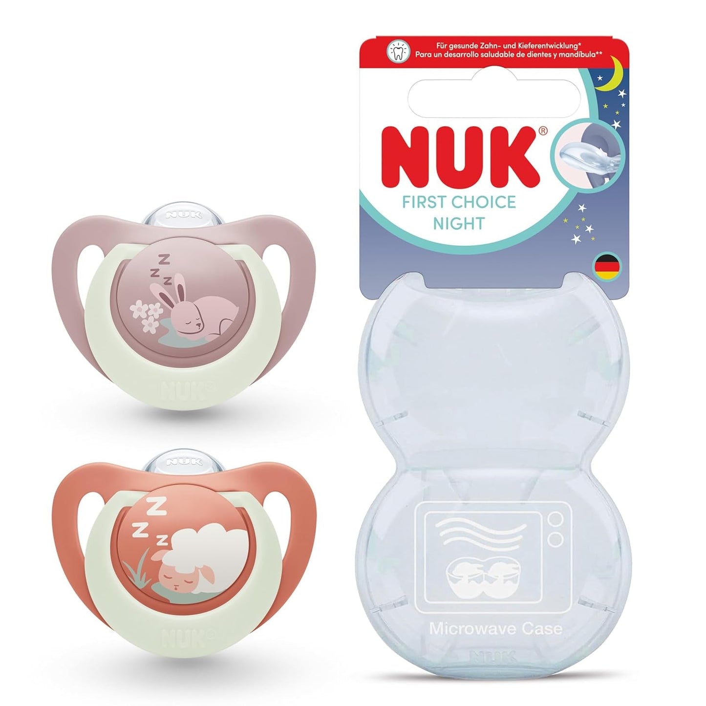 NUK First Choice natsut til babyer | 6-18 måneder | Ortodontiske sutter der lyser i mørke | Beroliger 99 % af babyer** | Kanin/Får | Pakke 0-2