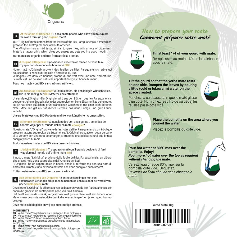 ORIGEENS BIO YERBA MATE TEA 1 KG - The Original I Uristet, blade, uden stængler, støv og krummer I Energigivende og afgiftende drik