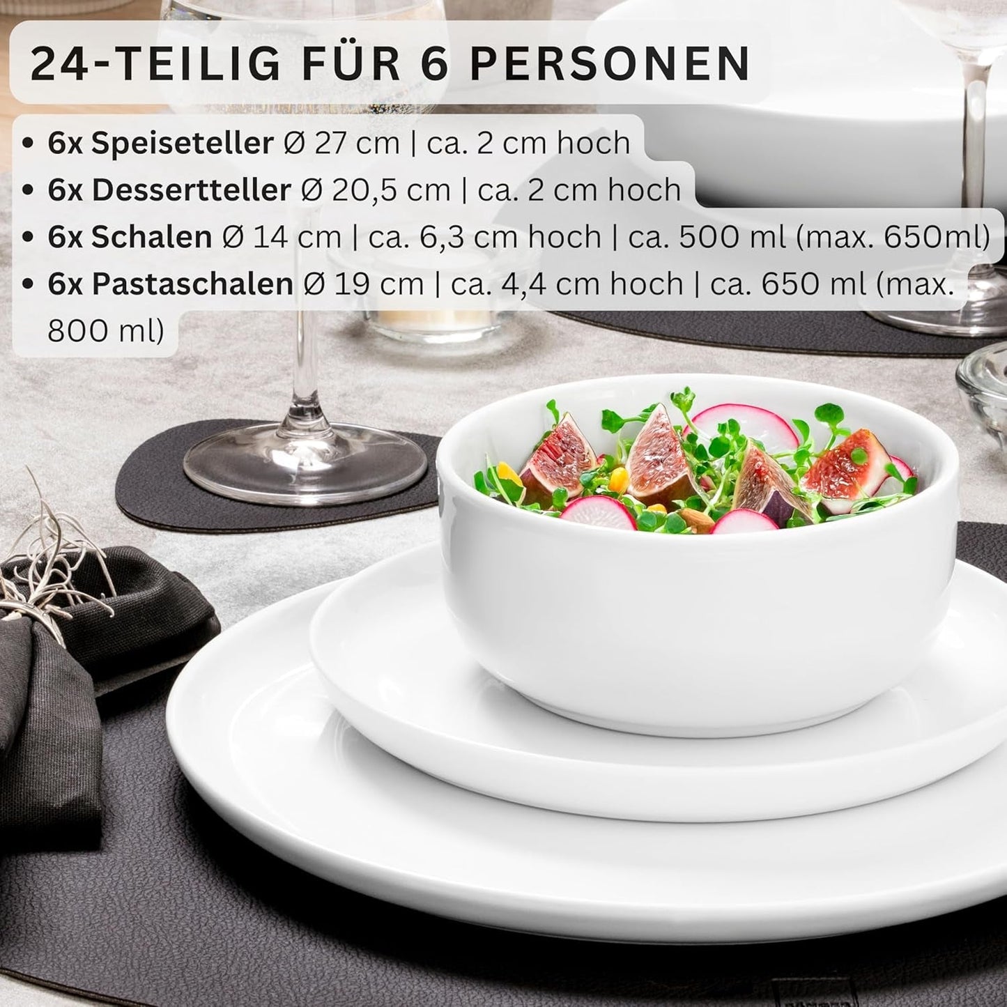 SANGER | Marlo Hvidt Spisestel Sæt 24 Deles Spisestel til 6 med desserttallerkener, middagstallerkener, skåle og kornskåle Porcelæns middagstallerkensæt Spisetøj Moderne Design PREMIUM KOLLEKTION
