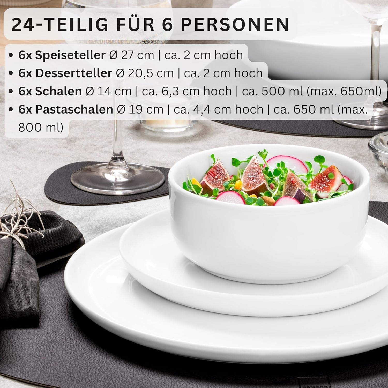 SANGER | Marlo Hvidt Spisestel Sæt 24 Deles Spisestel til 6 med desserttallerkener, middagstallerkener, skåle og kornskåle Porcelæns middagstallerkensæt Spisetøj Moderne Design PREMIUM KOLLEKTION