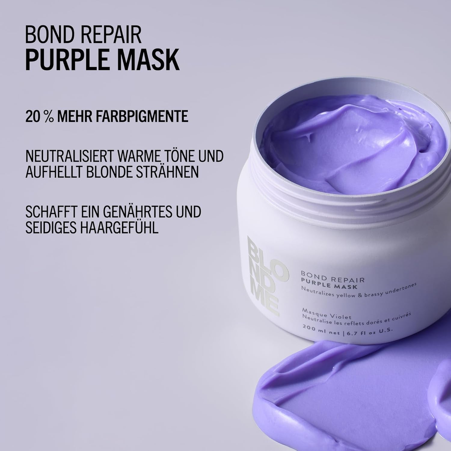 Schwarzkopf Professional BLONDME Bond Repair Purple Mask Mask til køligt hår Neutraliserer gule toner til farvet, bleget og lyst hår Dybt plejende og styrkende 200 ml Hårmaske Naty Shop