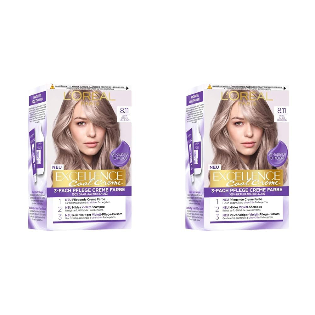 L'Oréal Paris Permanent Hårfarve Resultat, 100 % dækning af gråt hår, sat med farvestof, shampoo og plejecreme, Excellence Cool Creme, nr. 8.11 Ultra Cool Lys Blond (Blond) (2 Pack) Naty Shop Hair Dye Standardtitel